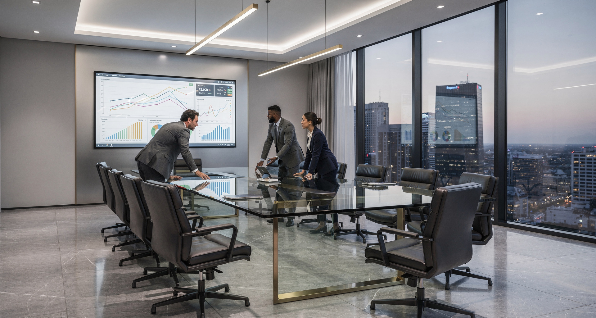 International business leaders collaborating against an architectural panorama of global trade infrastructure and logistics operations
